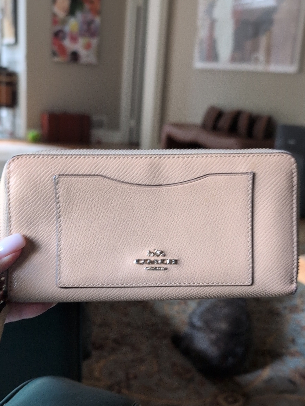 Coach Pebbled Zip Around Wallet in Light Beige